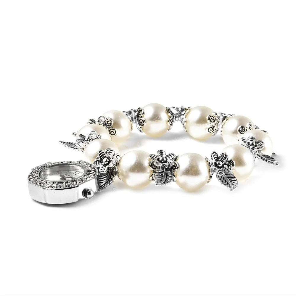 White Simulated Pearl Stretch Bracelet Watch